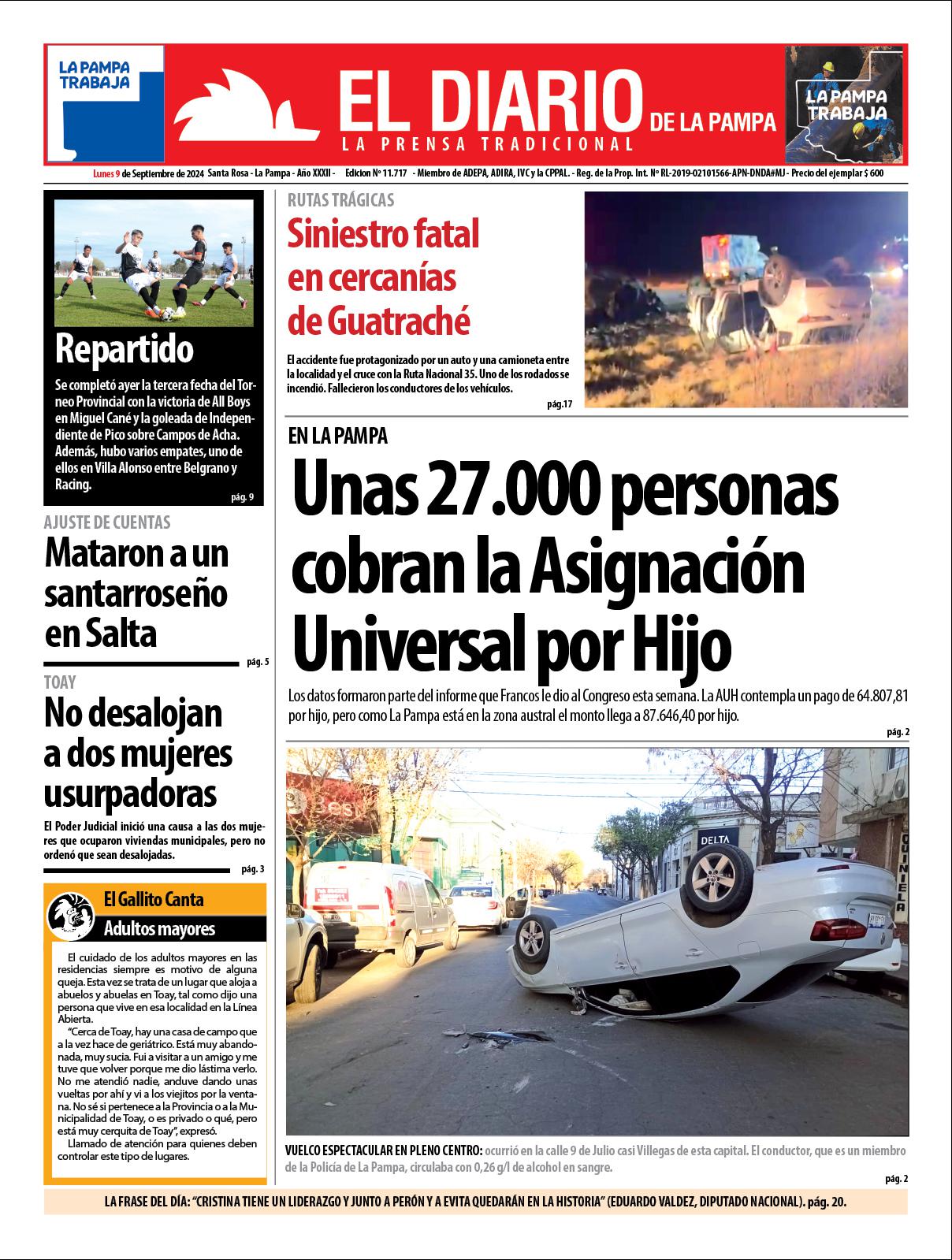 Tapa de El Diario en papel  lunes 09 de septiembre de 2024